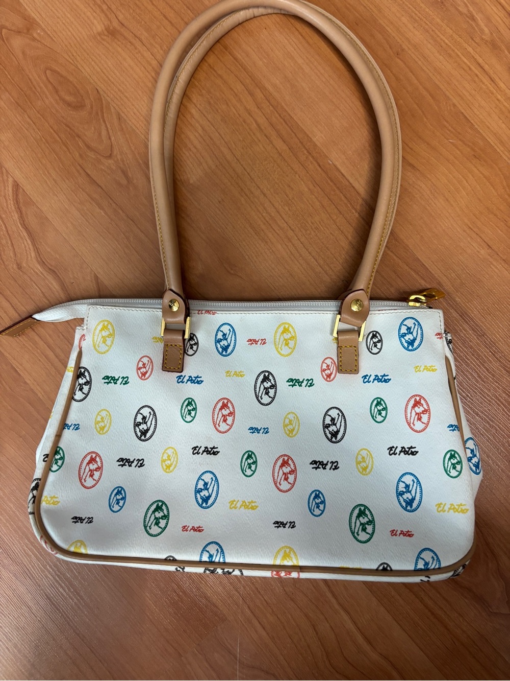 Multicolor Printed Tote Bag with Tan Handles